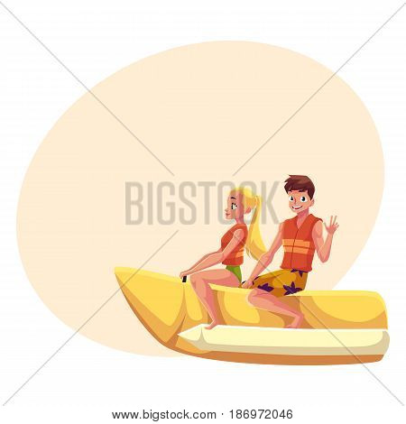 Young couple, man and woman, riding banana boat, enjoying summer water activities, cartoon vector illustration with space for text. Full length portrait of man and woman riding banana boat
