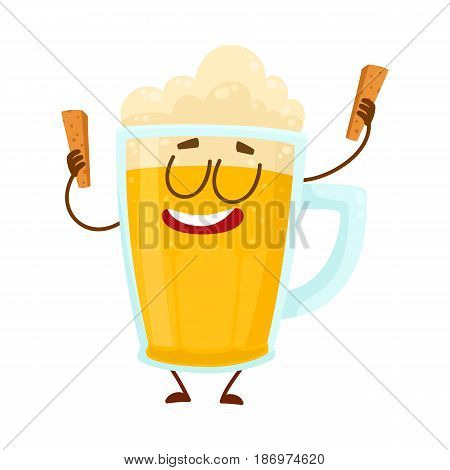 Funny beer glass mug character with smiling human face holding croutons, cartoon vector illustration isolated on white background. Cute and funny lager beer mug character, mascot with croutons