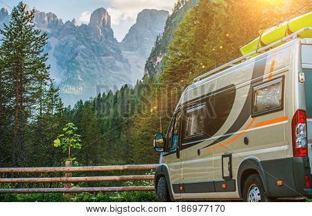 Class B Motorhome Trip in European Alps. Scenic Mountain Camping in the Camper.