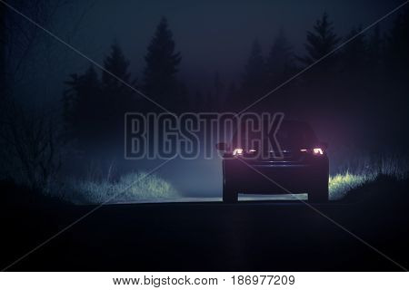 Dense Fog Countryside Car Drive. Driving Vehicle in Dangerous Foggy Conditions During Night Hours.