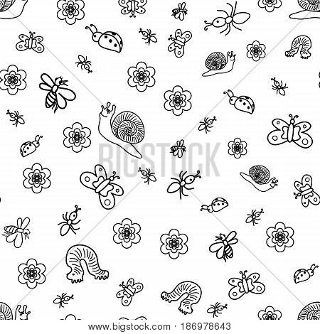 Vector Illustration. Seamless Pattern of Funny Doodle Insects. Children Drawings of Cute Bugs Butterflies Ants and Snails. Sketch Style.
