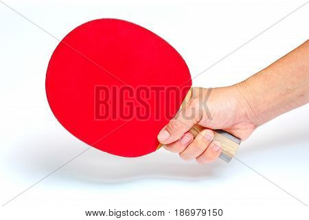 Using the right hand held forehand in shake hand style for Table tennis ping pong playing on white background.