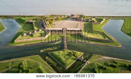 LONDON UK - 11 APRIL 2017: Aerial drone photo of the historic Tilbury Fort an artillery fort on the north bank of the River Thames.