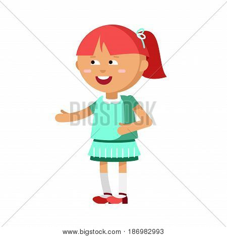 Cute girl have fun. Female kid character illustration. Child in motion. Cheerful girl jumped. Detailed personage isolated in white background.