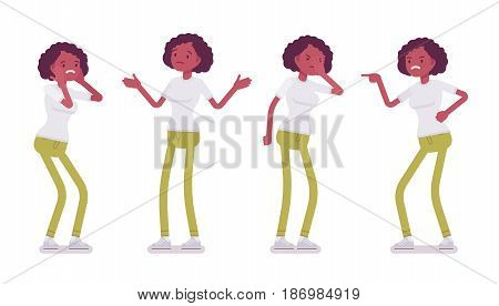 Set of black or african american young woman, negative emotions, standing troubled and puzzled, facepalm, aggressive, pointing, vector flat style cartoon illustration, isolated, white background