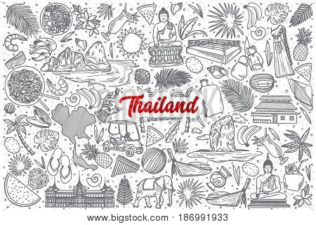 Hand drawn Thailand doodle set background with red lettering in vector