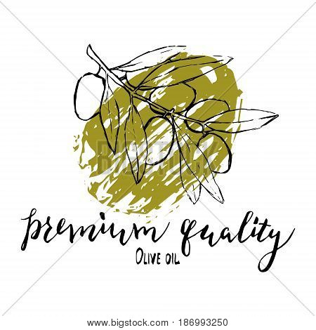 Set of hand drawn vector illustration and lettering olive oil olive branch and bottle for olive oil labels restaurant natural products. perfect stickers and badges for your business