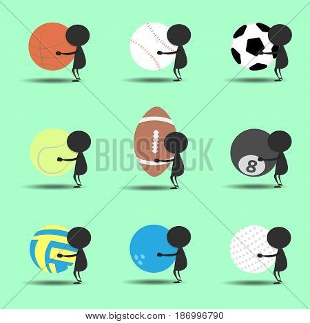 Black man character cartoon hold sport balls with green background. Flat graphic. logo design. sports cartoon. vector. illustration.