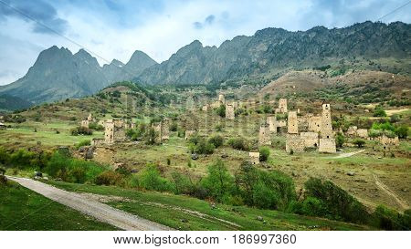 Old ingushetia defence tower in mountain of Caucasus, Russia.