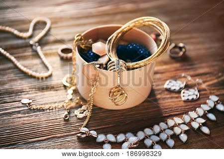Collection of bijouterie in jewelry box