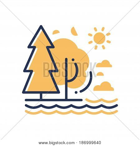 Nature - modern vector single line icon. An image of a forest, sea, ocean, river, trees, sun, clouds. Representation of relaxation, hiking, swimming, rest, joy, roots, virginity of the planet.