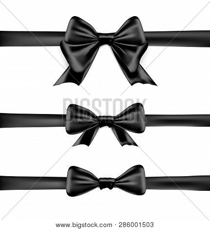 Black Bow On White Background Greeting Card. Ralistic Black Ribbon Bow. Celebration Decoration Black
