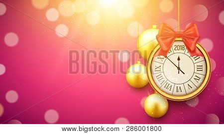 2018 New Year Shining Background With Clock. Happy New Year 2018 Celebration Decoration Golden Balls