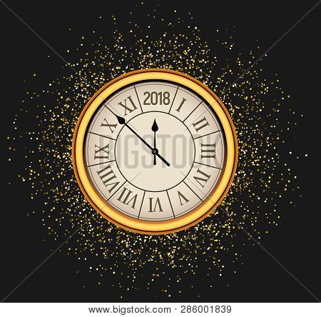 2018 New Year Shining Background With Clock. Happy New Year 2018 Celebration Decoration Poster, Fest