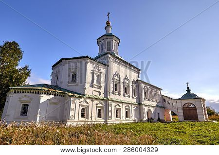 Old Orthodox Church At Village. Summer View With Floral Meadow.