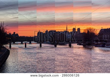 Timeslice Of Sunrise Over Ile De La Cite In Winter With Pont Des Arts In Foreground - Paris, France.