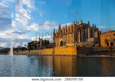 Sunset Timeslice - Night Fall On La Seu, The Cathedral Of Palma De Mallorca, And Royal Palace Of La 