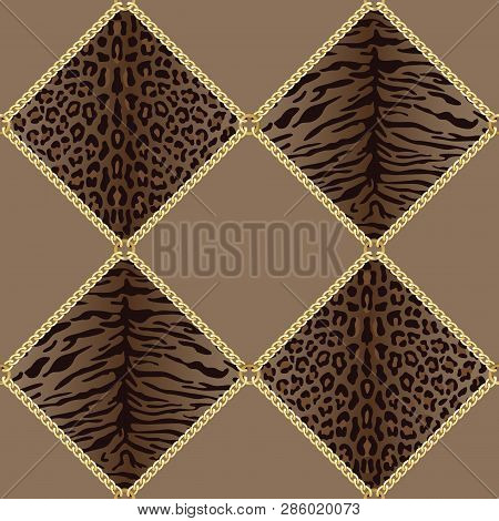 Golden Chains Seamless Pattern With Leopard And Tiger Prints.