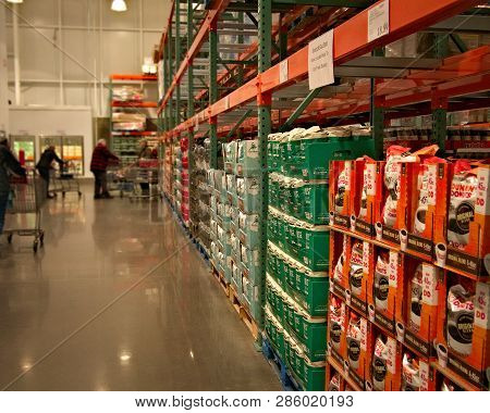 Brainerd, Mn - 11 Feb 2019: Bags Of Coffee Stacked On Pallets At Costco Store, The Largest Membershi