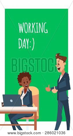 Happy Office Worker Man And Woman Work By Laptop. Businesswoman Or Clerk Sit On Chair By Computer. S