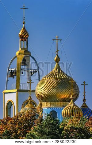 Golden Domes And Crosses On The Russian Orthodox Temple Of Azov Mother Of God In Azov, Russia