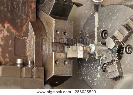 Spindle Chuck And Installed Metal Part In Pocessing On High Precision Cnc Industrial Lathe Turning M