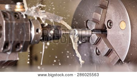 Spindle Chuck And Installed Metal Part In Pocessing On High Precision Cnc Industrial Lathe Turning M