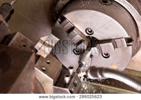 Spindle Chuck And Installed Metal Part In Pocessing On High Precision Cnc Industrial Lathe Turning M