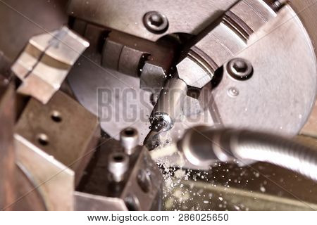 Spindle Chuck And Installed Metal Part In Pocessing On High Precision Cnc Industrial Lathe Turning M