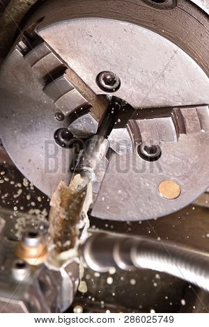 Spindle Chuck And Installed Metal Part In Pocessing On High Precision Cnc Industrial Lathe Turning M