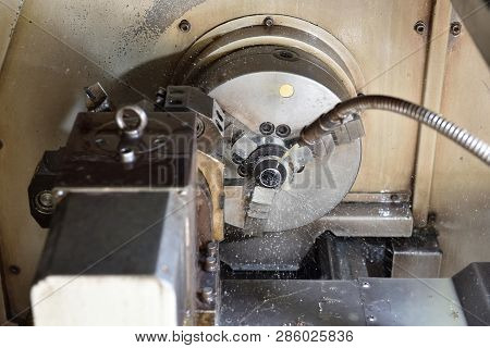 Spindle Chuck And Installed Metal Part In Pocessing On High Precision Cnc Industrial Lathe Turning M
