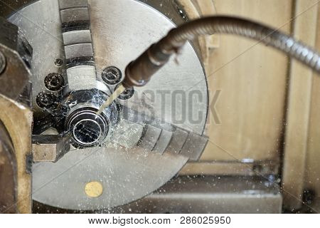 Spindle Chuck And Installed Metal Part In Pocessing On High Precision Cnc Industrial Lathe Turning M
