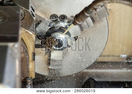 Spindle Chuck And Installed Metal Part In Pocessing On High Precision Cnc Industrial Lathe Turning M