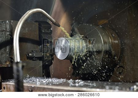 Spindle Chuck And Installed Metal Part In Pocessing On High Precision Cnc Industrial Lathe Turning M