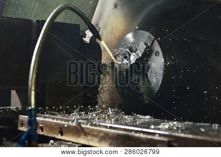 Spindle Chuck And Installed Metal Part In Pocessing On High Precision Cnc Industrial Lathe Turning M