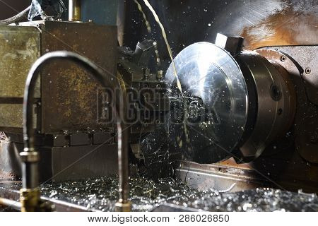 Spindle Chuck And Installed Metal Part In Pocessing On High Precision Cnc Industrial Lathe Turning M