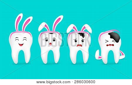 Cute Cartoon Tooth Characters With Rabbit Ears Decoration. Stages Of Caries Development. Dental Care