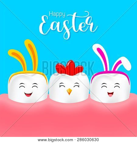 Cute Cartoon Tooth Characters With Rabbit Ears Decoration. Dental Care Concept. Happy Easter Concept