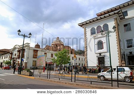 Avenida El Sol, The Main Avenue Of Cusco With Coricancha Or Temple Of The Sun Of The Incas In The Di