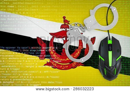 Brunei Darussalam Flag  And Handcuffed Computer Mouse. Combating Computer Crime, Hackers And Piracy