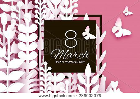 8 March. Origami Spring Flowers For Happy Womens Day. Mixed White Paper Cut Outs Plants, Flowers, Bu