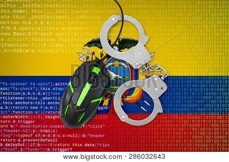 Ecuador Flag  And Handcuffed Computer Mouse. Combating Computer Crime, Hackers And Piracy