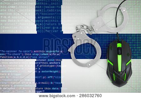 Finland Flag  And Handcuffed Computer Mouse. Combating Computer Crime, Hackers And Piracy