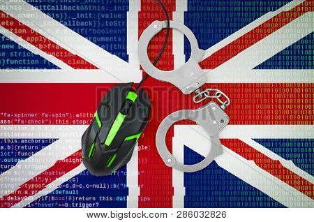 Great Britain Flag  And Handcuffed Computer Mouse. Combating Computer Crime, Hackers And Piracy