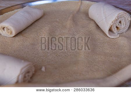 Injera Is A Sourdough Flatbread Made From Teff Flour.  It Is The National Dish Of Ethiopia, Eritrea,