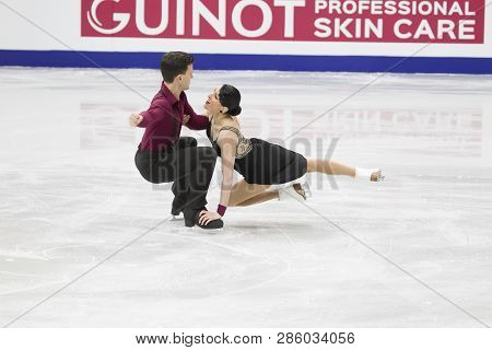 Belarus, Minsk, January 25, 2019. Minsk Arena. European Figure Skating Championship. Dancing on ice. Italian figure skaters Charlene Guignard Marco Fabbri perform the program. Dance couple