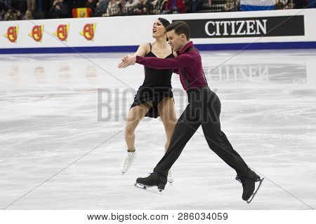 Belarus, Minsk, January 25, 2019. Minsk Arena. European Figure Skating Championship. Dancing on ice. Italian figure skaters Charlene Guignard Marco Fabbri perform the program. Dance coupleprogram. Dance couple