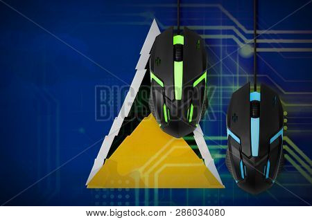 Saint Lucia Flag  And Two Mice With Backlight. Online Cooperative Games. Cyber Sport Team