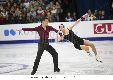 Belarus, Minsk, January 25, 2019. Minsk Arena. European Figure Skating Championship. Dancing on ice. Italian figure skaters Charlene Guignard Marco Fabbri perform the program. Dance couple