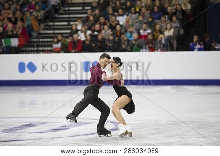 Belarus, Minsk, January 25, 2019. Minsk Arena. European Figure Skating Championship. Dancing on ice. Italian figure skaters Charlene Guignard Marco Fabbri perform the program. Dance couple